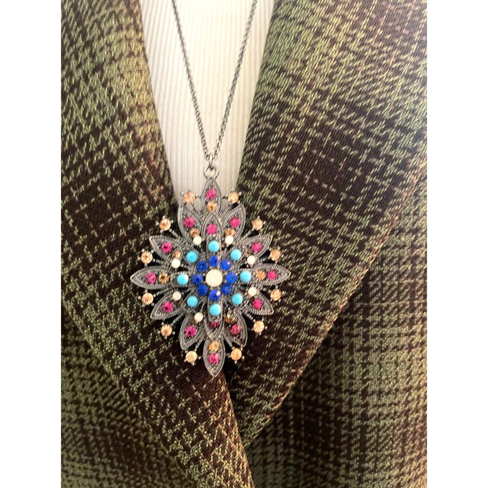 Vintage Rhinestone Burst Pendant Colorful Multi Stone Necklace 30" *READ